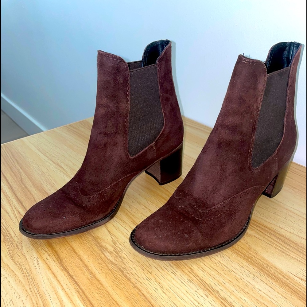 Suede slip-on booties in chocolate brown